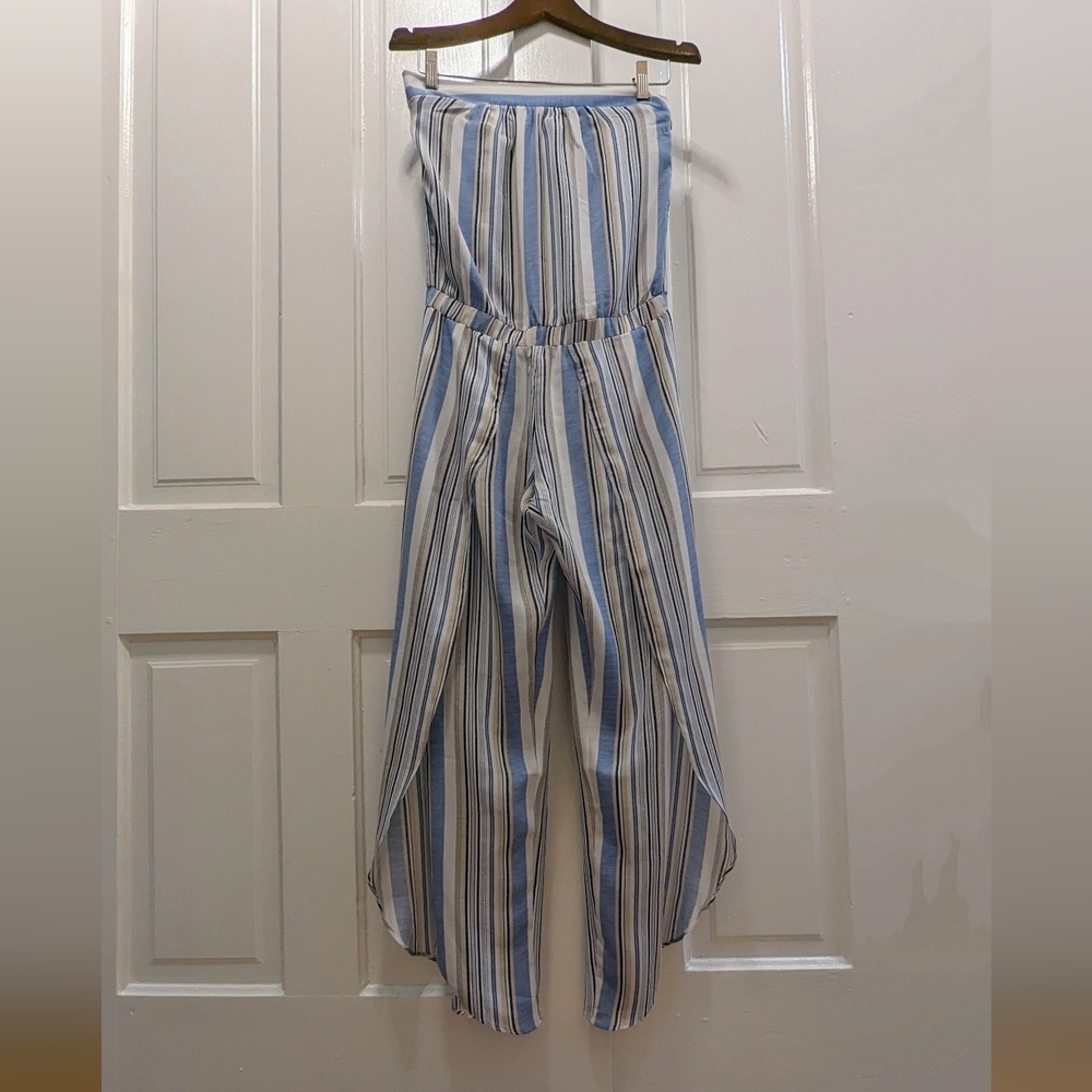 Light Blue And White Flowy Striped Split Leg Strapless Jumpsuit